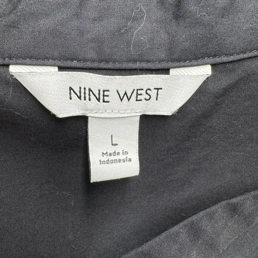 Nine West Cotton Puff Sleeve V-Neck Button Up Blouse Top Black Large - Picture 6 of 6